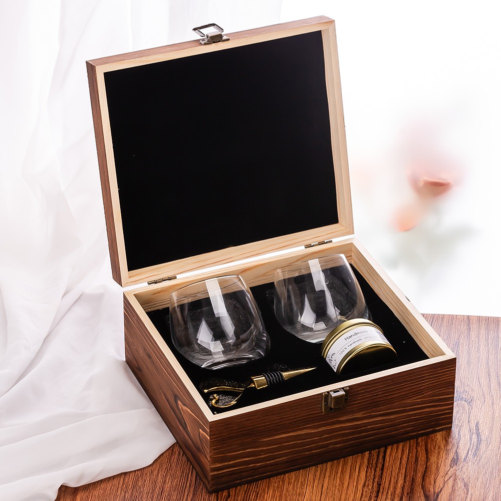 Wooden candle gift box with candle cups, wine glasses and accessories