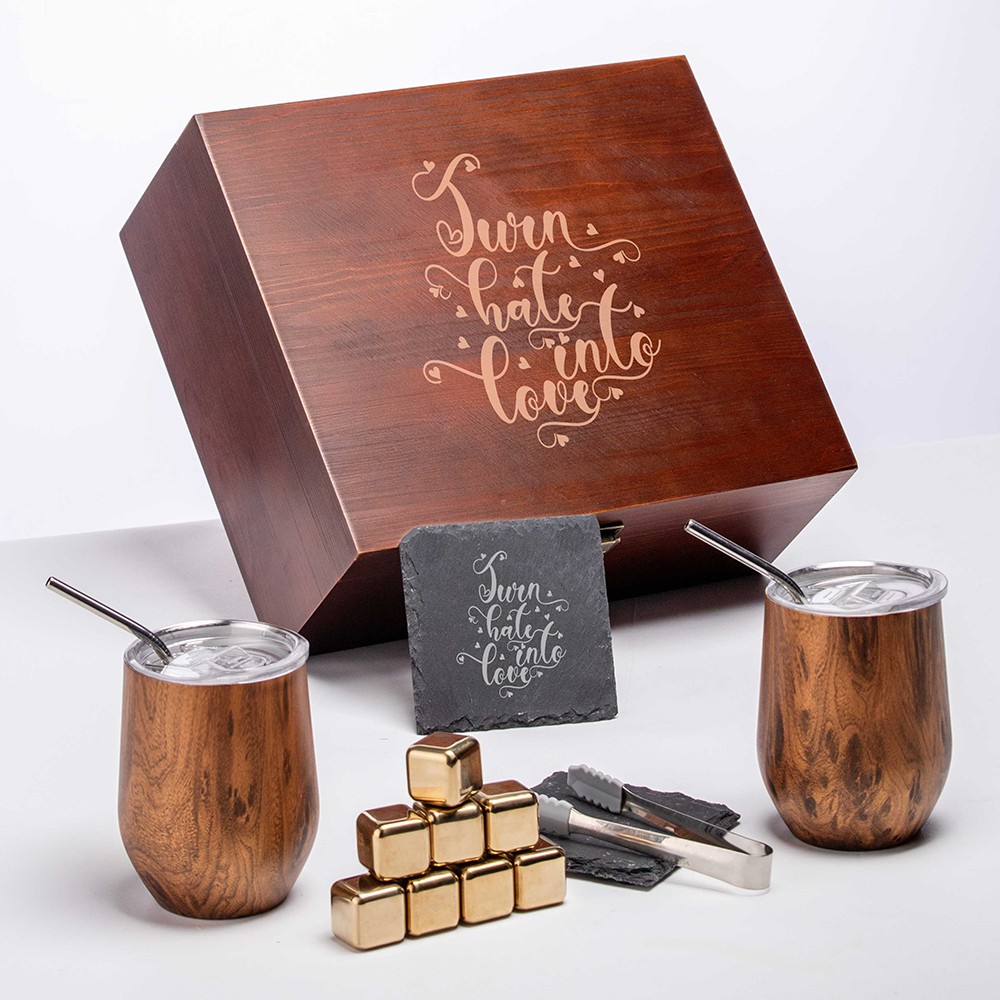 Stainless steel cup gift set with wooden presentation box
